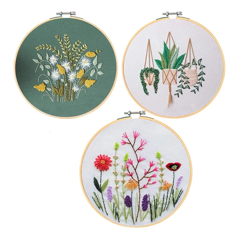 3 Sets Embroidery Starter Cross Stitch Kit With Pattern,Include 3 Embroidery Clothes,3 Embroidery Hoop,Threads And Tools