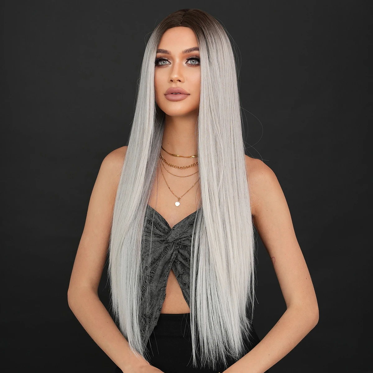 7JHH WIGS Long Straight Middle Part Silvery Ash Wig for Women Daily Party High Density Synthetic Hair Wig with Dark Roots