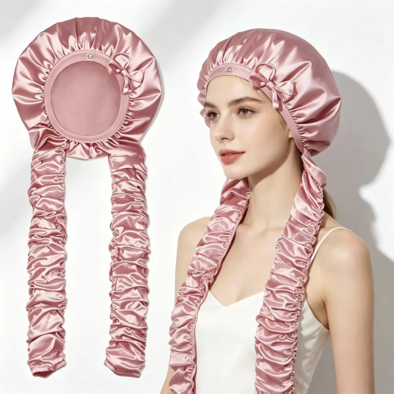 1pcs Women's Satin Long Braid Sleep Cap Lazy Sleep Heatless Curling Wide Brimmed Nightcap Long Hair Overnight Hair Rollers