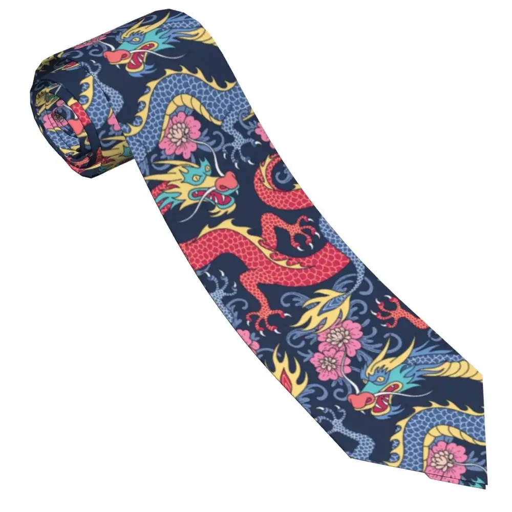 Traditional Dragon Necktie Men Women Skinny Polyester 8 cm Narrow Dragons With Flowers Neck Ties for Daily Wear