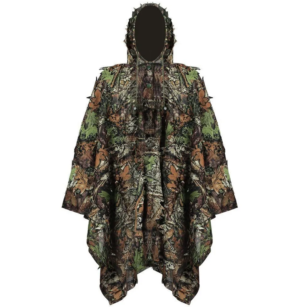 เหมือนจริง3D ใบ Camouflage Poncho Stealth ชุด Outdoor Woodland CS เกมเสื้อผ้าการล่าสัตว์ Birdwatching เสื้อผ้า
