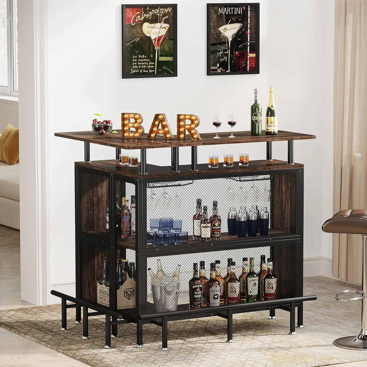 Armário industrial da barra do licor do estilo mini, barra resistente do chá e do café da mancha, uso interno, armazenamento home L-dado forma, 17,72 "D x 47,24" W