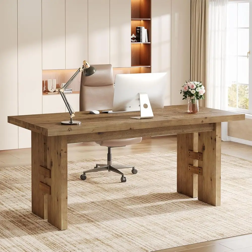 

Большой компьютерный стол из массива дерева 63 дюйма с просторной рабочей поверхностью для дома или офиса, цвет: рустик-коричневый