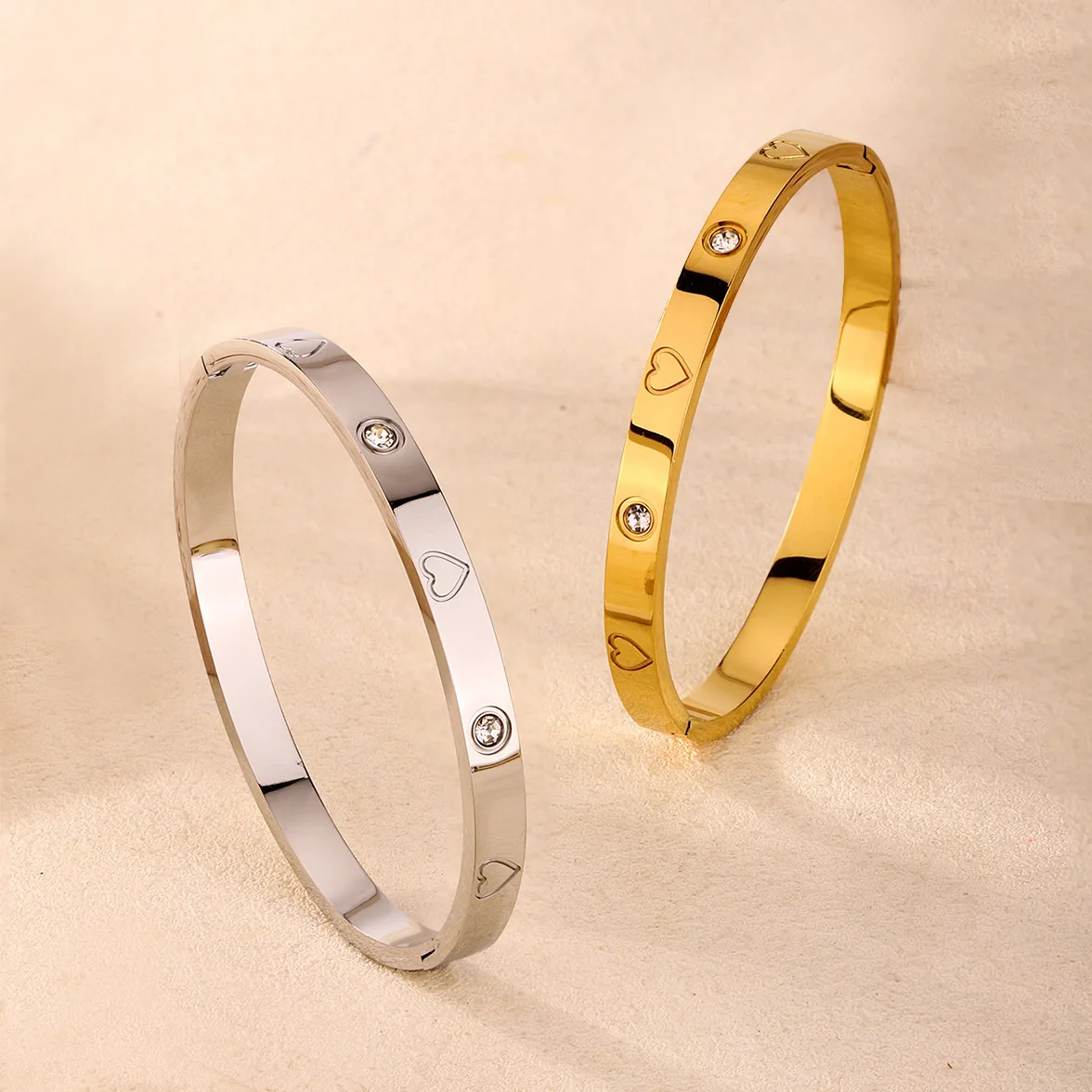 Fashion Popular 316L Stainless Steel Heart CZ Diamond Cuff Bangle For Women Men Unisex Titanium Steel Anti-rust Bracelet Jewelry