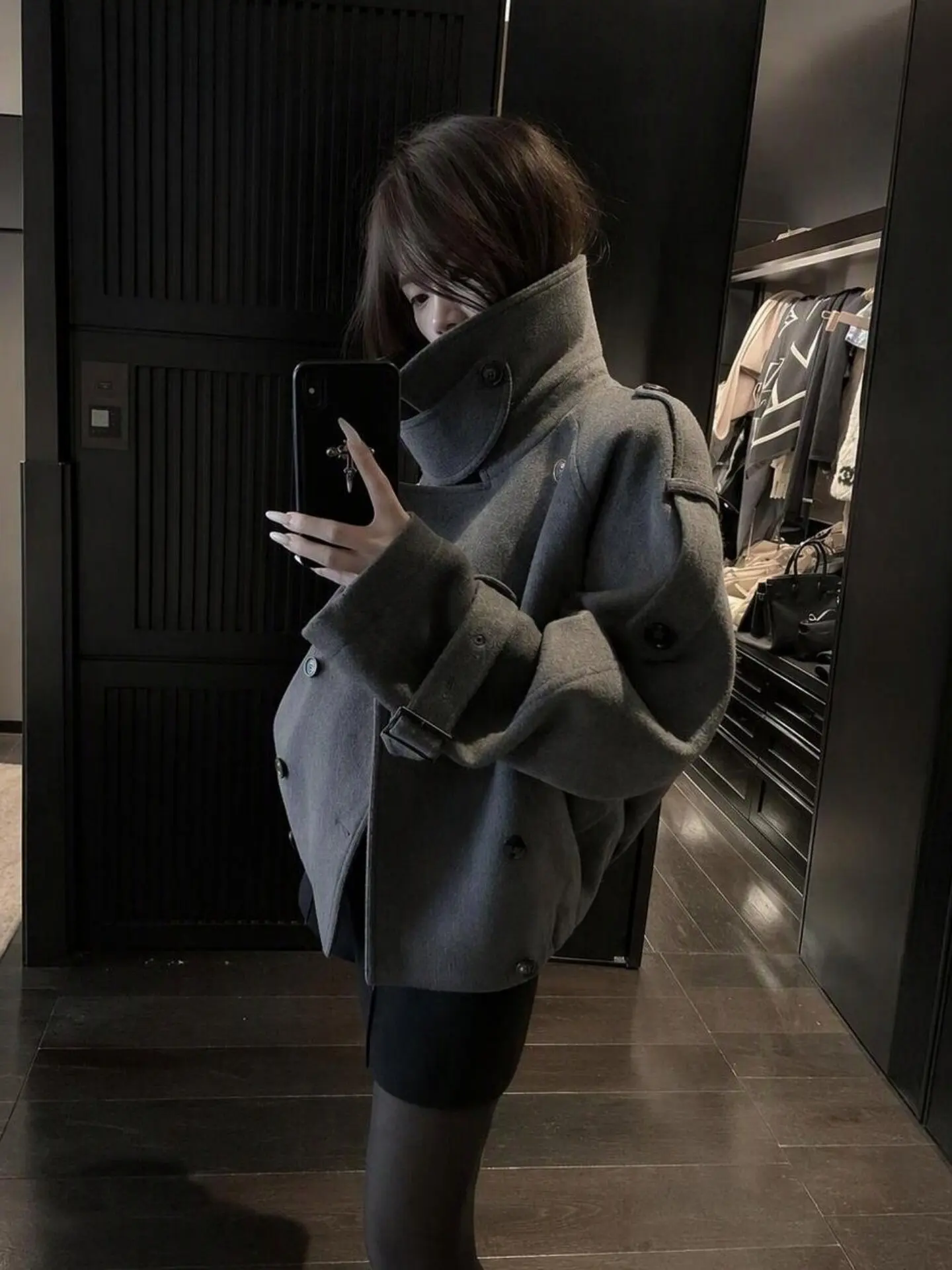 Short Coat Women's 70% Wool 2026 New Winter Thickened Small Stand-up Collar Gray-black Woolen Coat