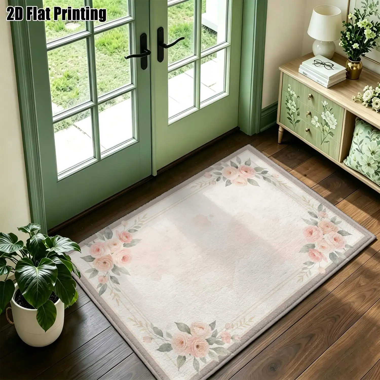 1Pc 2D Printed Nude Pink Flower Border Nordic Minimalist Carpet, Machine Washable, Multi-Size, for Home Decor & Various Scenes