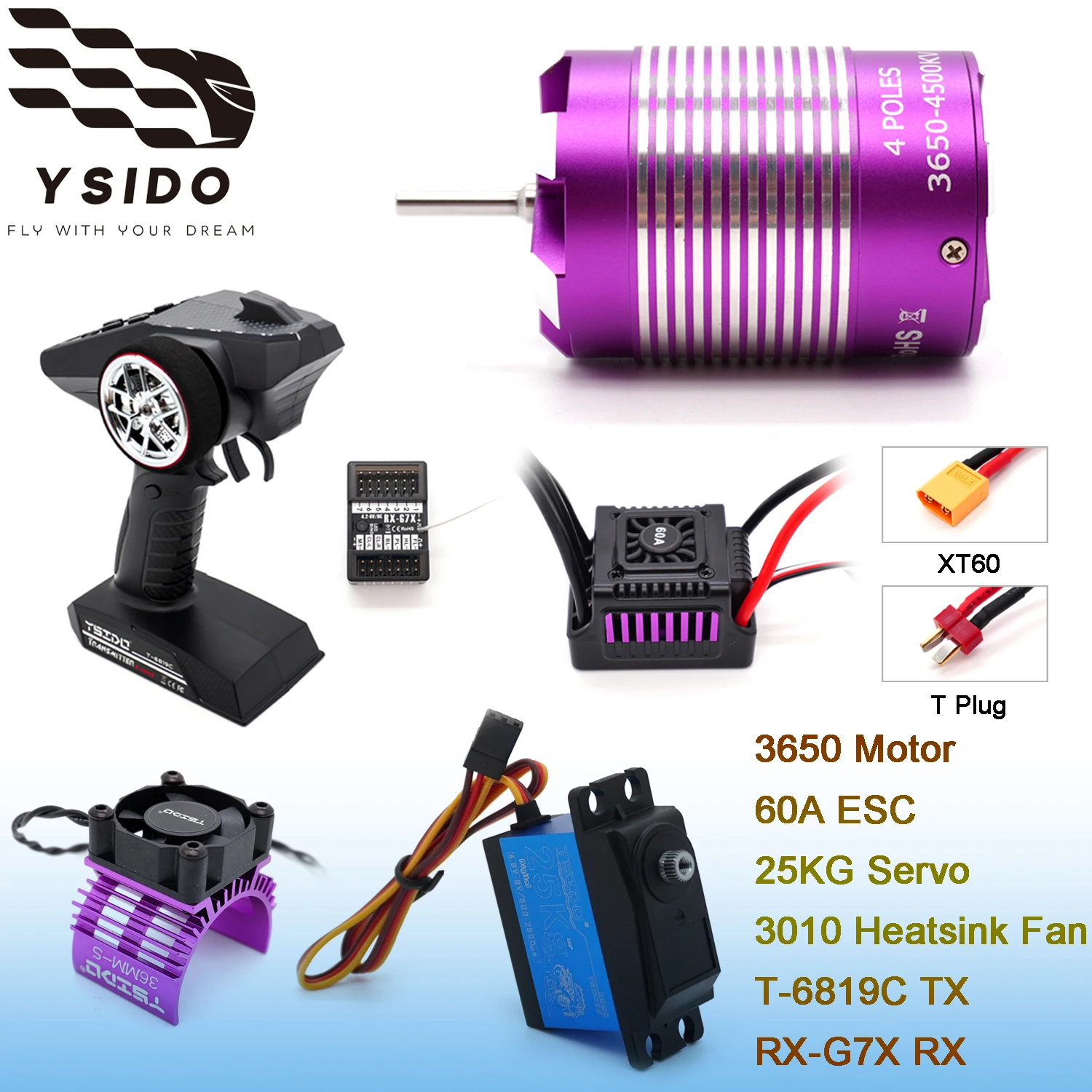 

YSIDO T-6819C 7CH Transmitter 3650 Brushless Motor 60A ESC 25KG Servo 3010 Heatsink Fan Combo for 1/12 1/10 RC Car WLtoys Axial