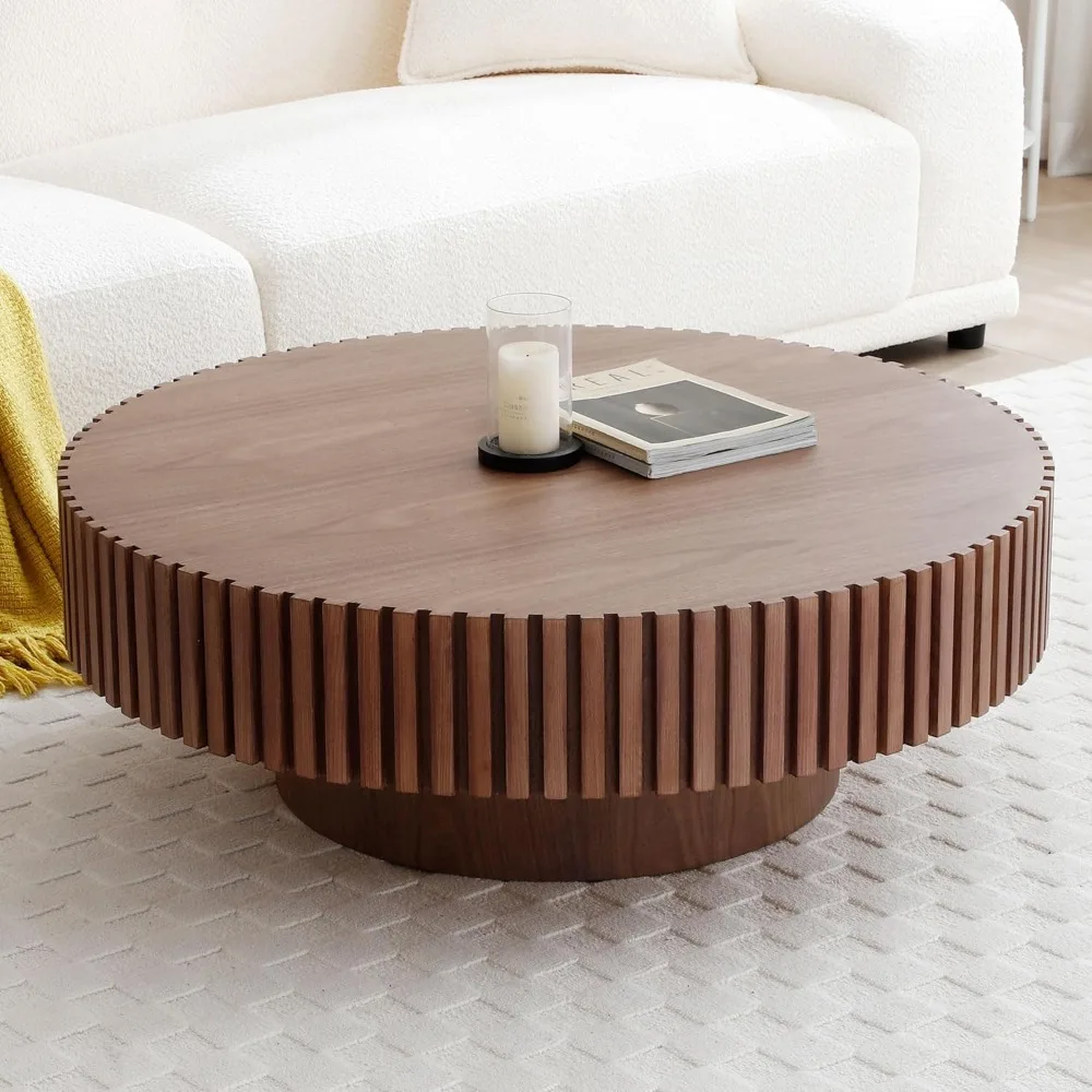 

39.37'' Round Walnut Coffee Table, Mid Century Circle Center Coffee Tables with Sturdy Pedestal, Fluted Drum Accent Side Table f