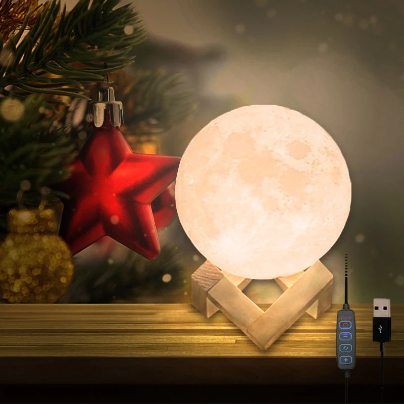 Lámpara LED de luna con enchufe USB, luz nocturna de mesita de noche, 3 colores, regulable, adorno para el hogar, decoración de habitación, luz