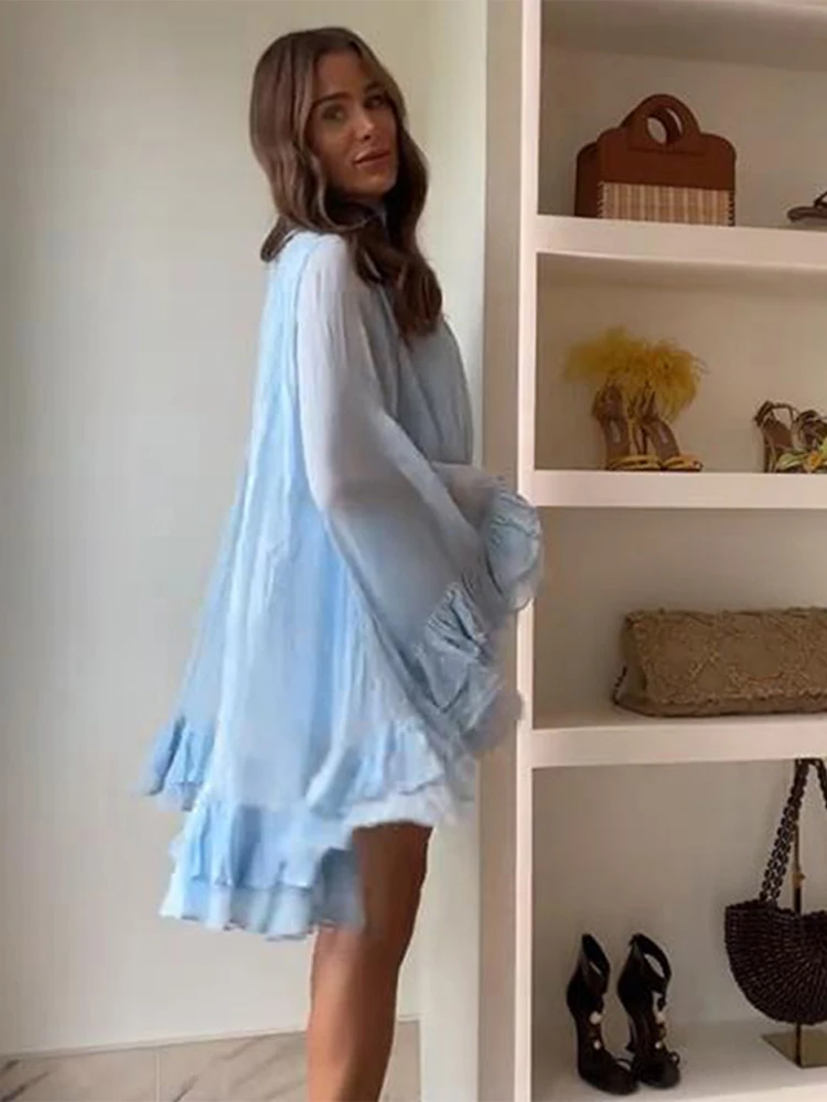 Elegante mini vestido feminino plissado multi camadas babados gola alta manga longa alargamento vestidos 2025 primavera verão senhora festa robes