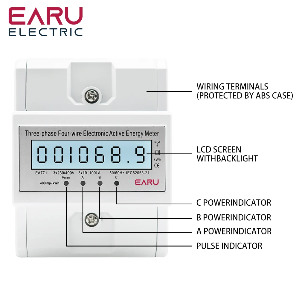 Din Rail AC 230 380V 3 Phase 4 Wire Energy Meter Power Consumption Monitor kWh Meter Wattmeter Bivolt 100A 50/60Hz LCD Backlight