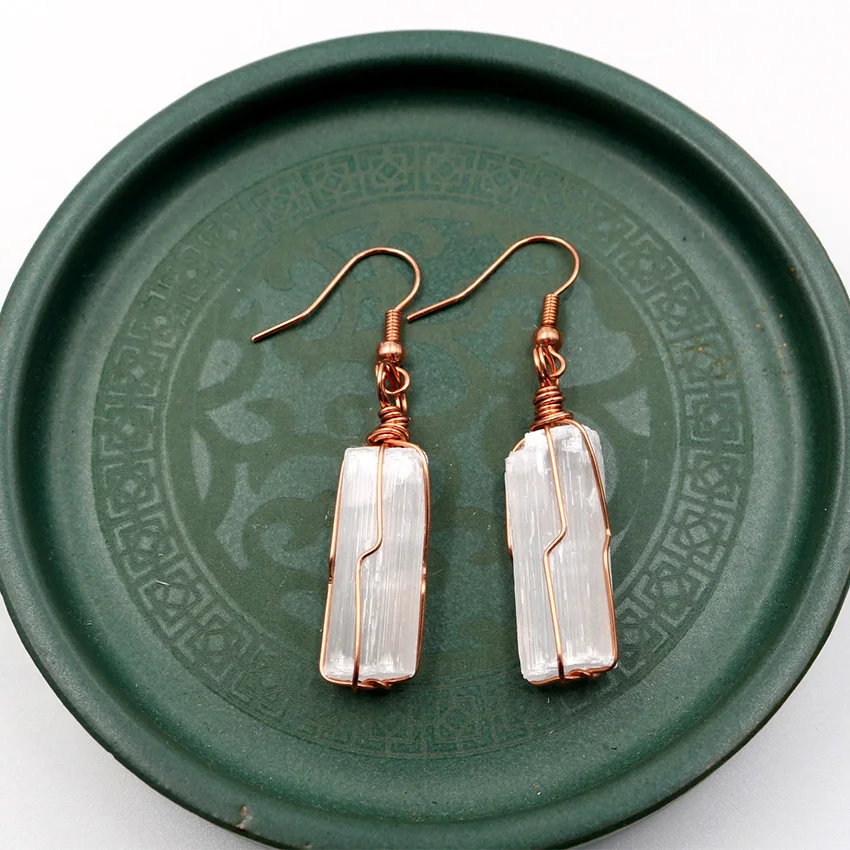 XSM Reiki Healing Natural Raw Selenite Crystal Ore Magic Restoration Copper Wire Wraped Pillar Earrings Female Jewelry DIY Gifts