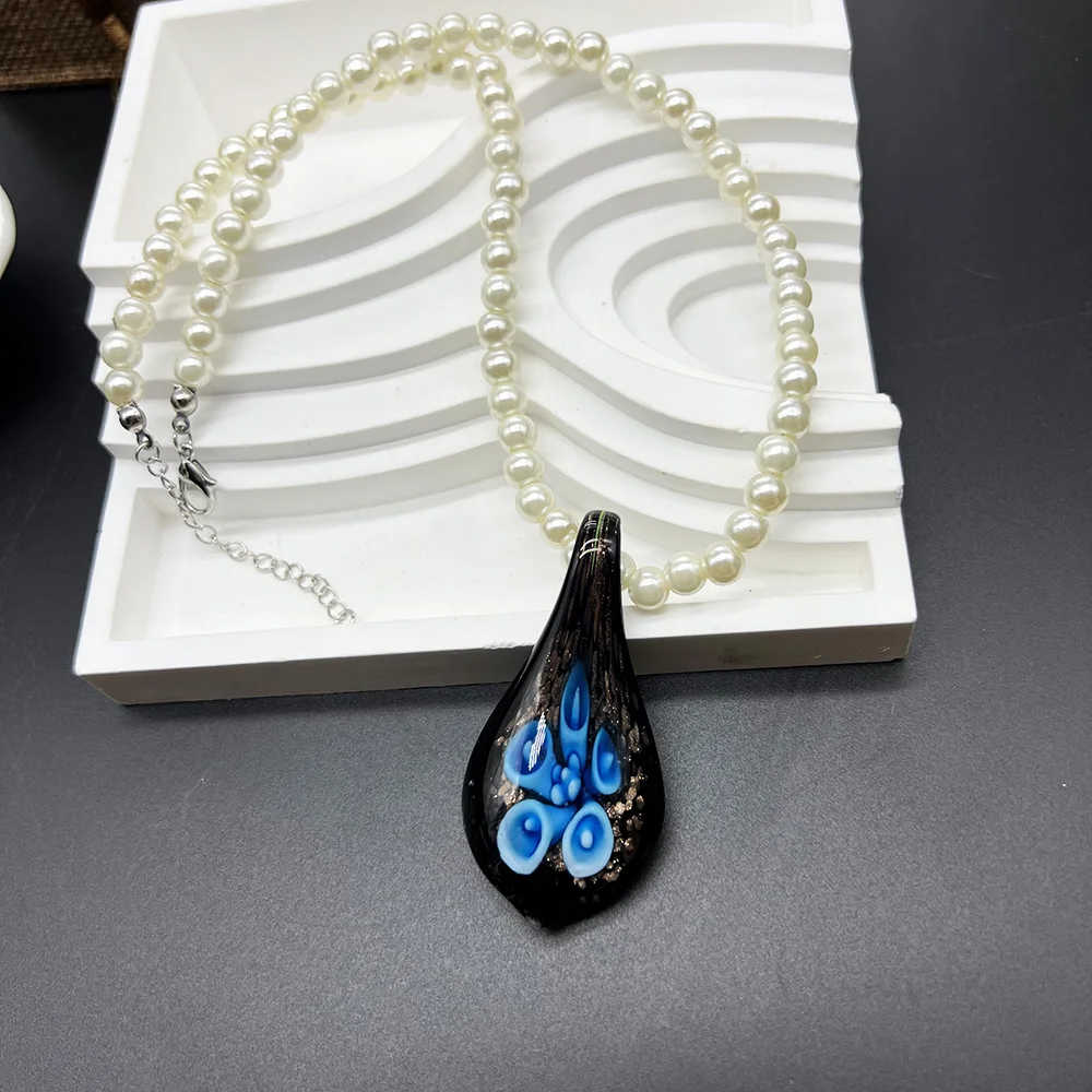 1 piece water droplet inner flower glass pendant, precious necklace, women's light luxury ins, niche cold style necklace, sweate