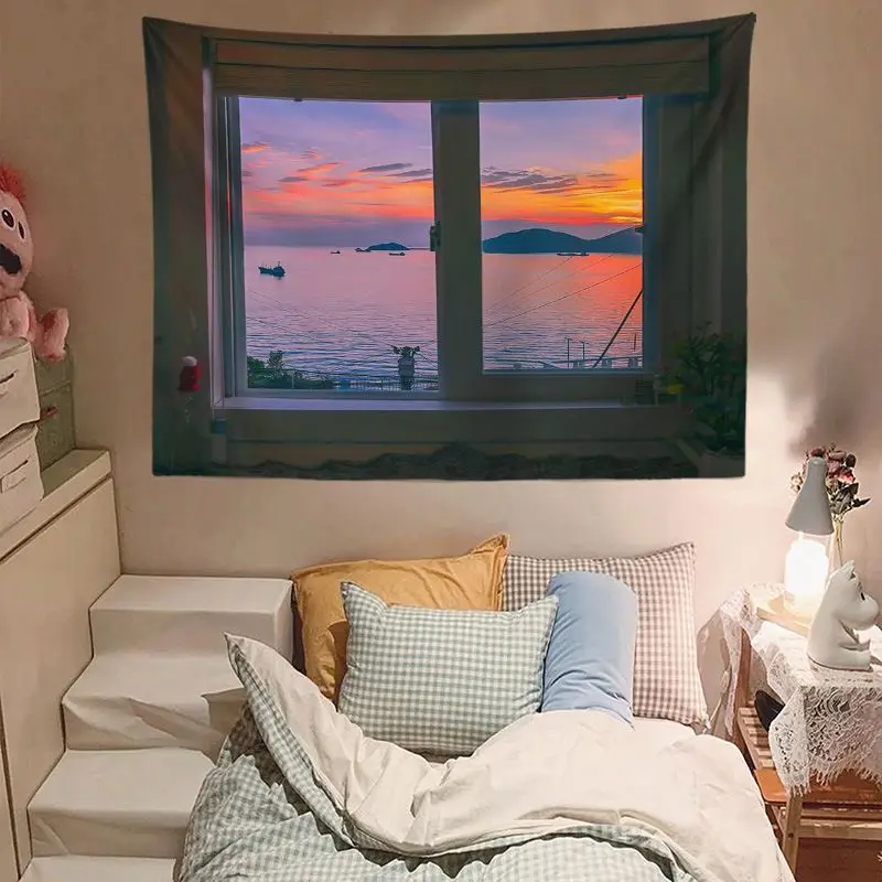 VIKAMA Simulation Window View Dusk Sea View Tapestry, High Definition Wear-Resistant Fabric Wall Hanging for Living Room