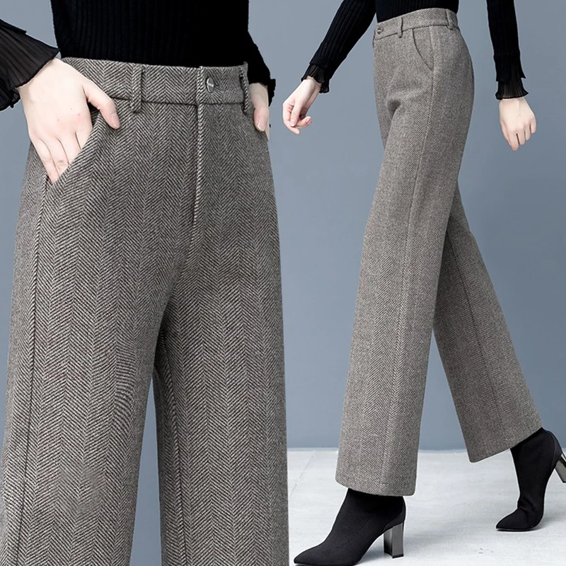 

Модные утепленные черные шерстяные брюки-палаццо с зигзагообразным узором, прямые широкие брюки-мом для женщин, весна-осень