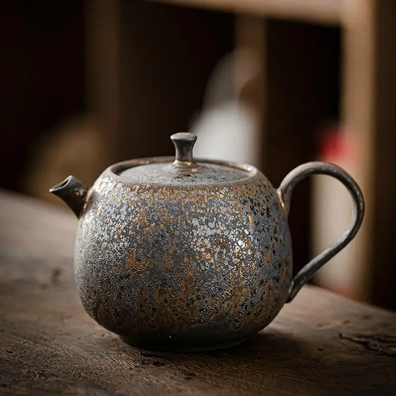 Coarse Ceramic Teapot with Gilded Gold Screen Tea Maker, Single Pot Household Tea Set, Handmade Retro Ceramic Teapot