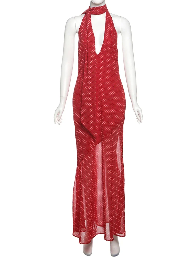Polka dot print moda maxi vestido feminino cachecol + halter baixo pescoço bandagem sem costas robe férias tendência elegante vestidos
