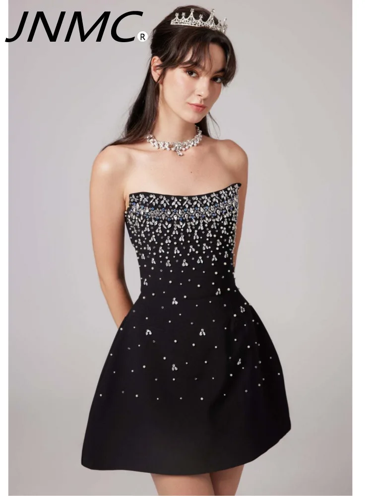 

JNMC French Style Diamond Patchwork Designer Party Mini Dress For Women With Sloping Neck Sleeveless High Waist Black Dress