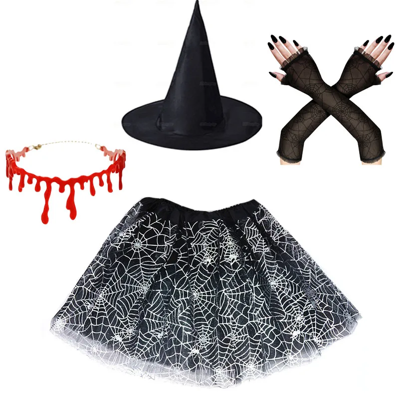

Women Girls Halloween Vampire Witch Costume Pointed Hat Spider Web Tutu Skirt Crown Arm Sleeves Cosplay Festival Props