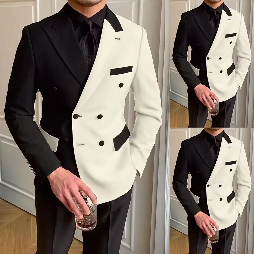 Chic White and Black Stitching Suits for Men Fashion Peak Lapel Double Breasted Costume Homme Concert Casual Wedding Tuxedo