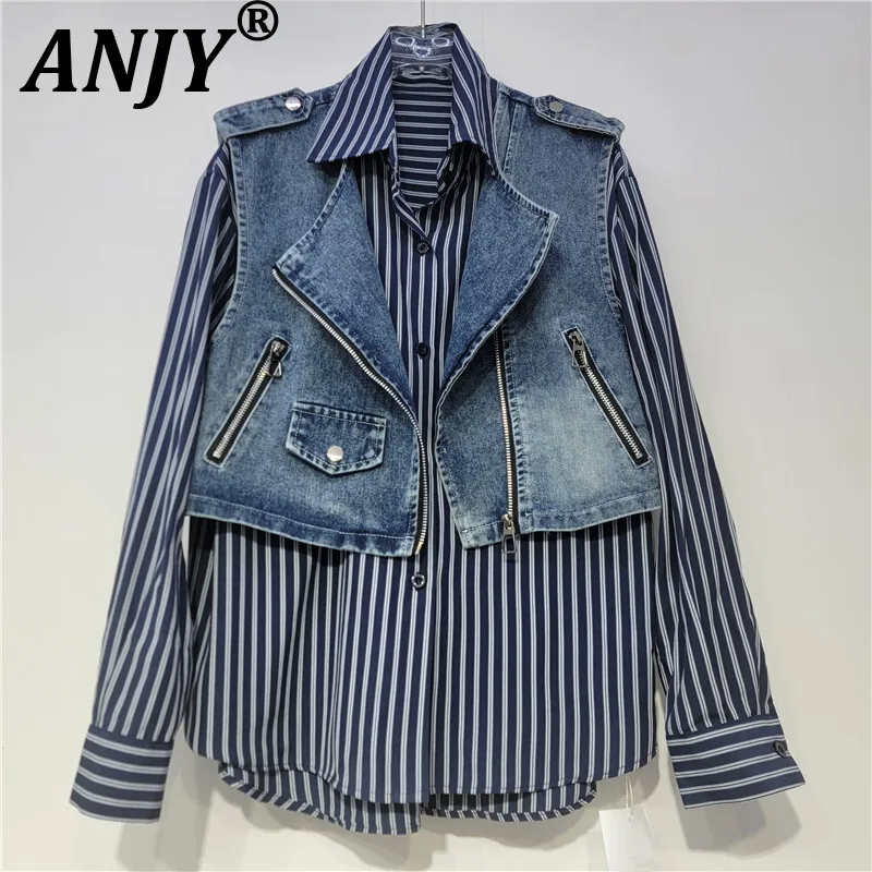 

ANJY Autumn New Women Chic Shirt Striped Long Sleeve Single Breasted Tops Short Denim Waistcoat Tide Casual Two-Piece Set A10283