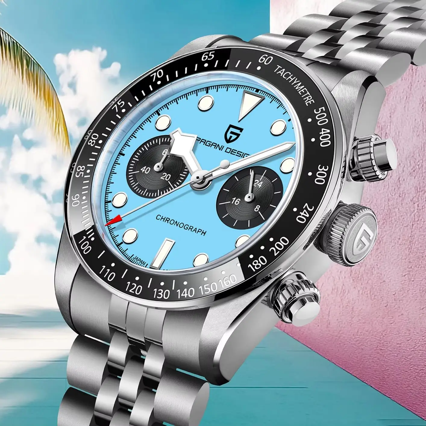 PAGANI DESIGN 2026 Nouvelle montre chronographe sport BB Flamingo de luxe à quartz pour homme, verre saphir AR, étanche 100M, montre-bracelet tendance avec bracelet en acier inoxydable pour homme, entrepôt local, transport rapide