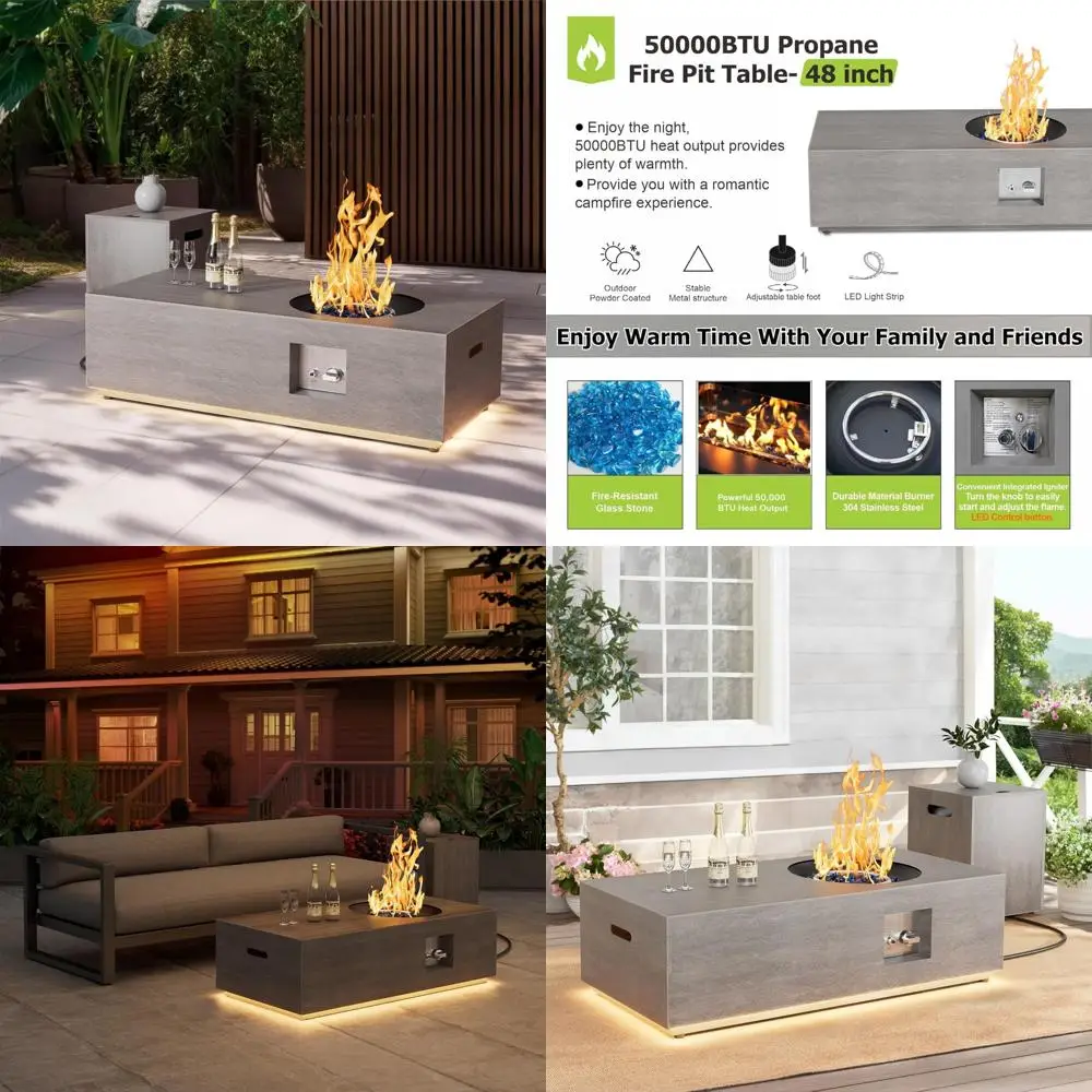 

Large Outdoor Propane Fire Pit Table with 50,000 BTU, Round Burner, Lid, Rocks, Cover, Tank Storage, and Long-lasting Patio Heat