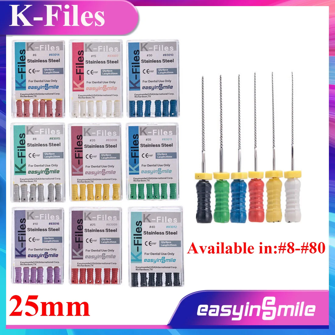 EASYINSMILE – limes dentaires K, en acier inoxydable, 25MM #6-#80, pour utilisation manuelle, Instruments endodontiques, dentisterie, 10 paquets