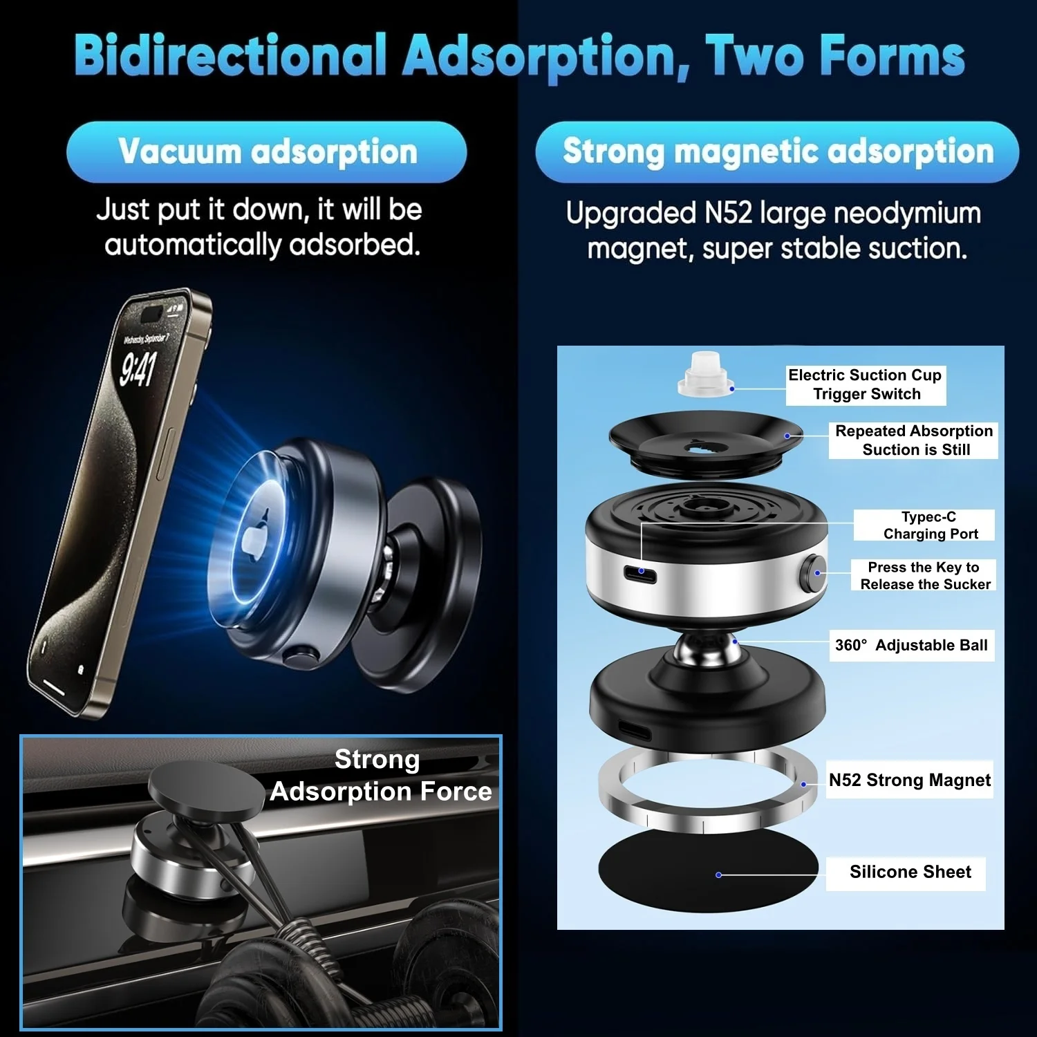 車載用電動真空吸着式マグネット式スマホホルダー ジムマウント 360度回転 °   スマートフォン用回転式マグセーフ吸盤式スマホホルダー