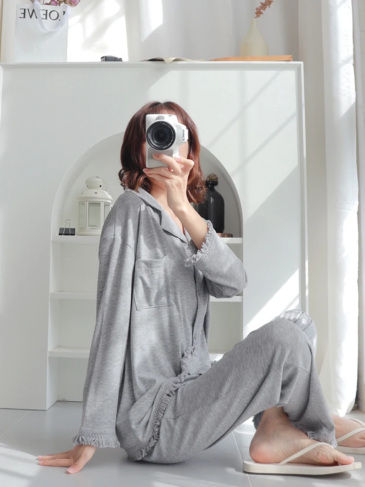 Pyjama en pur coton pour femme, pantalon à manches longues, pompons monochromes, sens haut de gamme, nouveau style, printemps et automne 2023