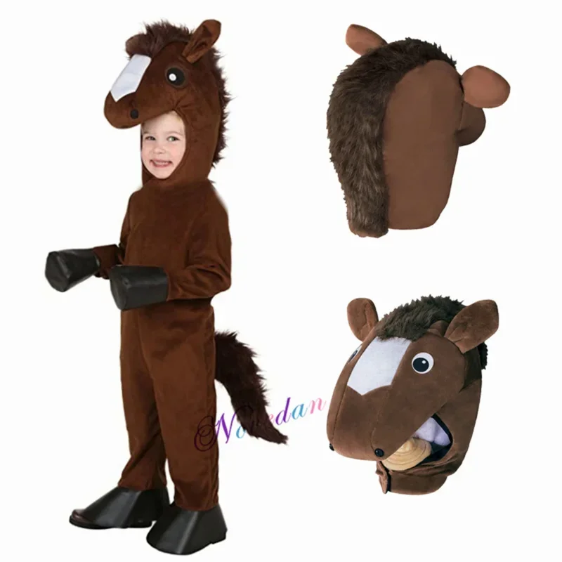 Cosbao Kids Brown Horse Mask Costume Outfit Girls Boys Party Role Play Dress Up Jumpsuit Child Halloween Animals Cosplay Costume