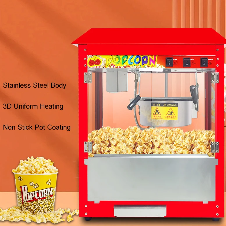 Máquinas de maíz pop automáticas eléctricas profesionales de fábrica, máquina comercial para hacer palomitas de maíz con techo superior
