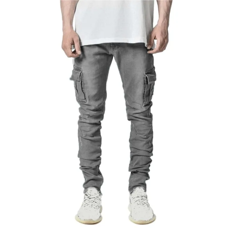 2024 Spring Summer New Men's Clothing Solid Color Stretch Multi-Bag Skinny Pants Slim Slimming Denim Cargo Pants Jeans