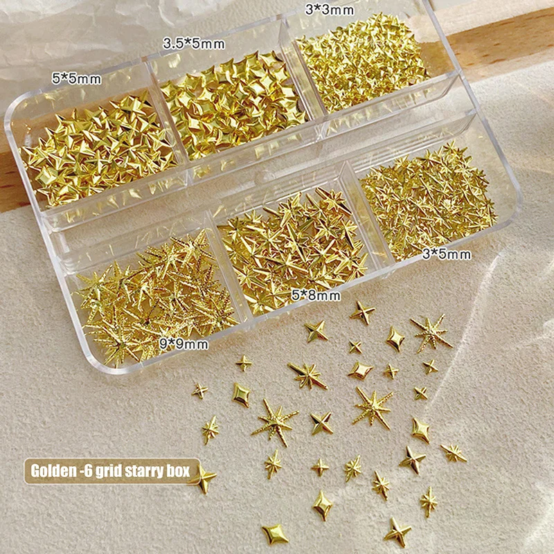 6 Grids Metallic Gold Silver Nail Art Rhinestones Decor Manicure Charms Flatback Starburst Pentagrams Nail Accessories