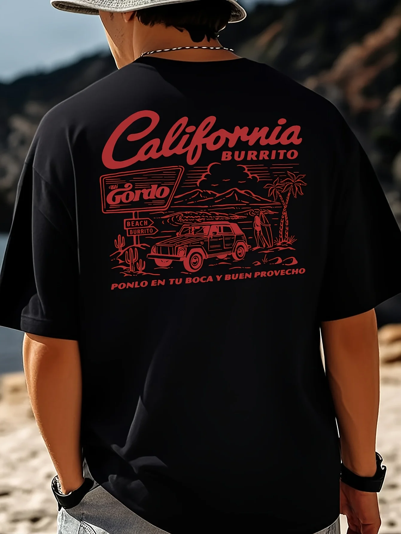 2026 Summer Men Cotton Loose T Shirt Vintage California Beach Car Palm Tree Back Print Crew Neck Short Sleeve Casual Streetwear