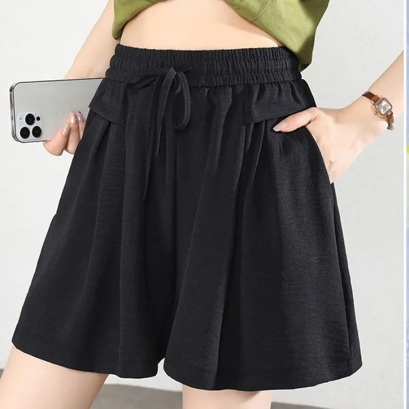 شورت نسائي على شكل حرف a ثنى واسع الساق من الحرير الجليدي ملابس خروج مريحة يومية كل مباراة صيفية غير رسمية برباط أنيقة شعبية Y2k Ins