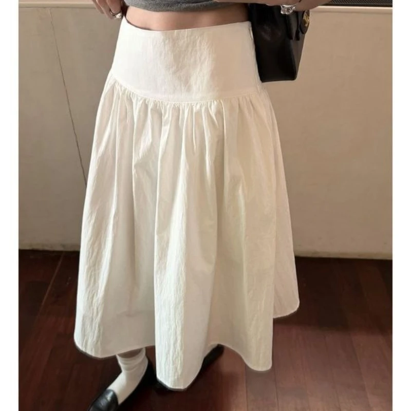 Deeptown Elegant White Mid Skirt Women Korean Style Sweet Loose Ruffle Skirts Vintage Casual Fashion Summer A-line Black Skirts
