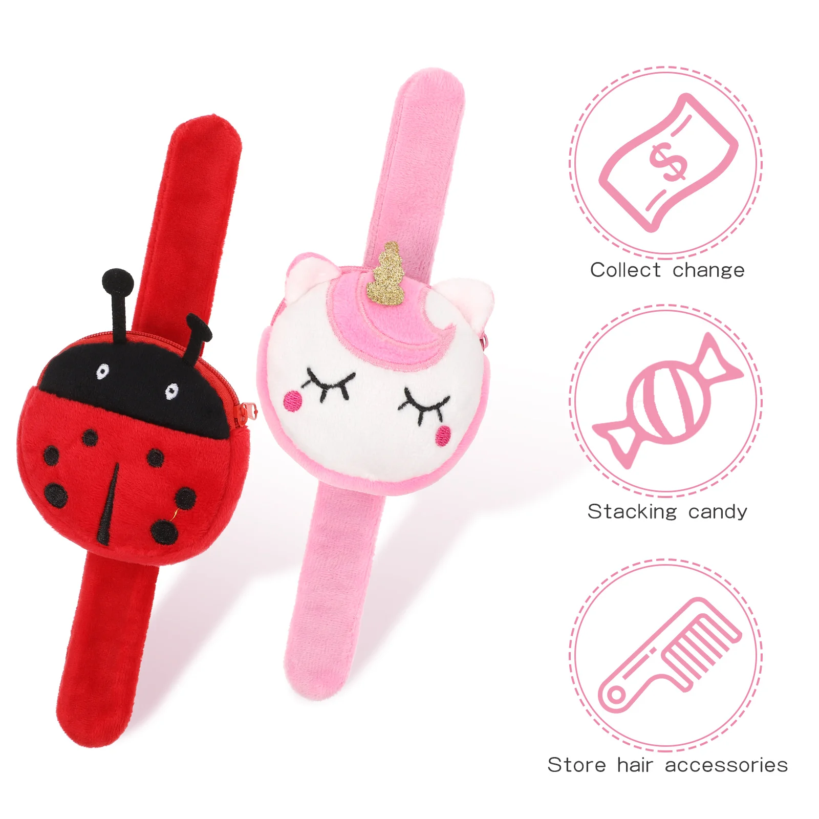 2 Pcs Ring Coin Purse Fuzzy Bracelet for Kids Animal Plush Slap Bracelets Snap Cloth Wristband with Pocket Toy