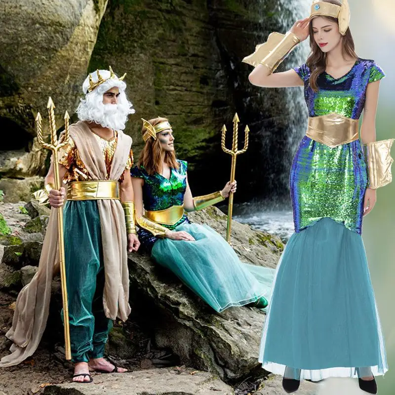 

Костюм на Хэллоуин для взрослых, пара, морской король, королева, фараон, наряд, одежда для выступлений древней королевы, сценическая этническая одежда