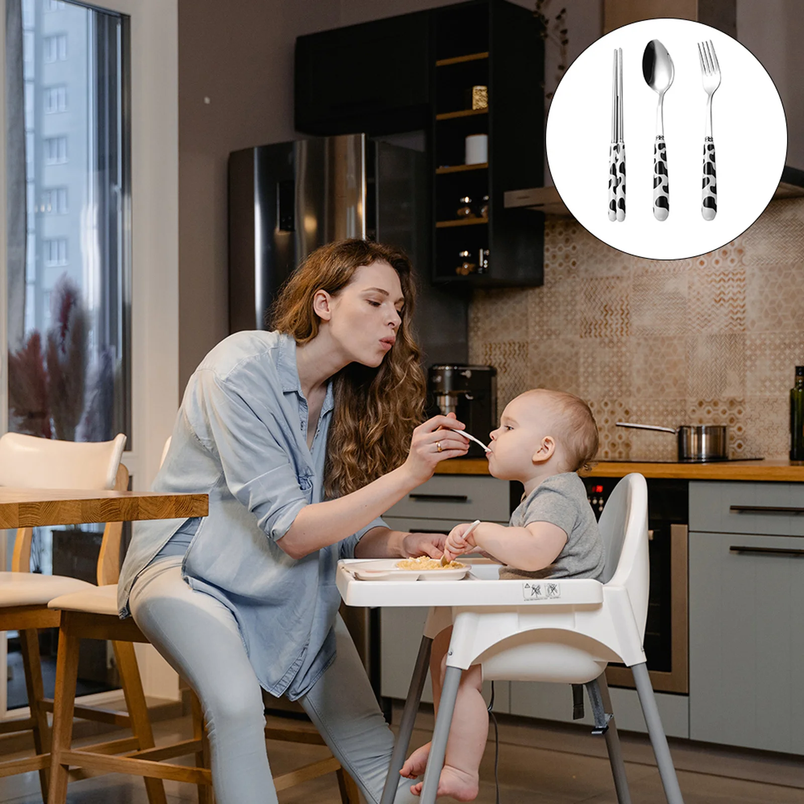 

1Set Children Flatware Set Ceramic Handle Spoon Chopstick Stainless Steel Dinnerware Household Cutlery for Party Home Camping