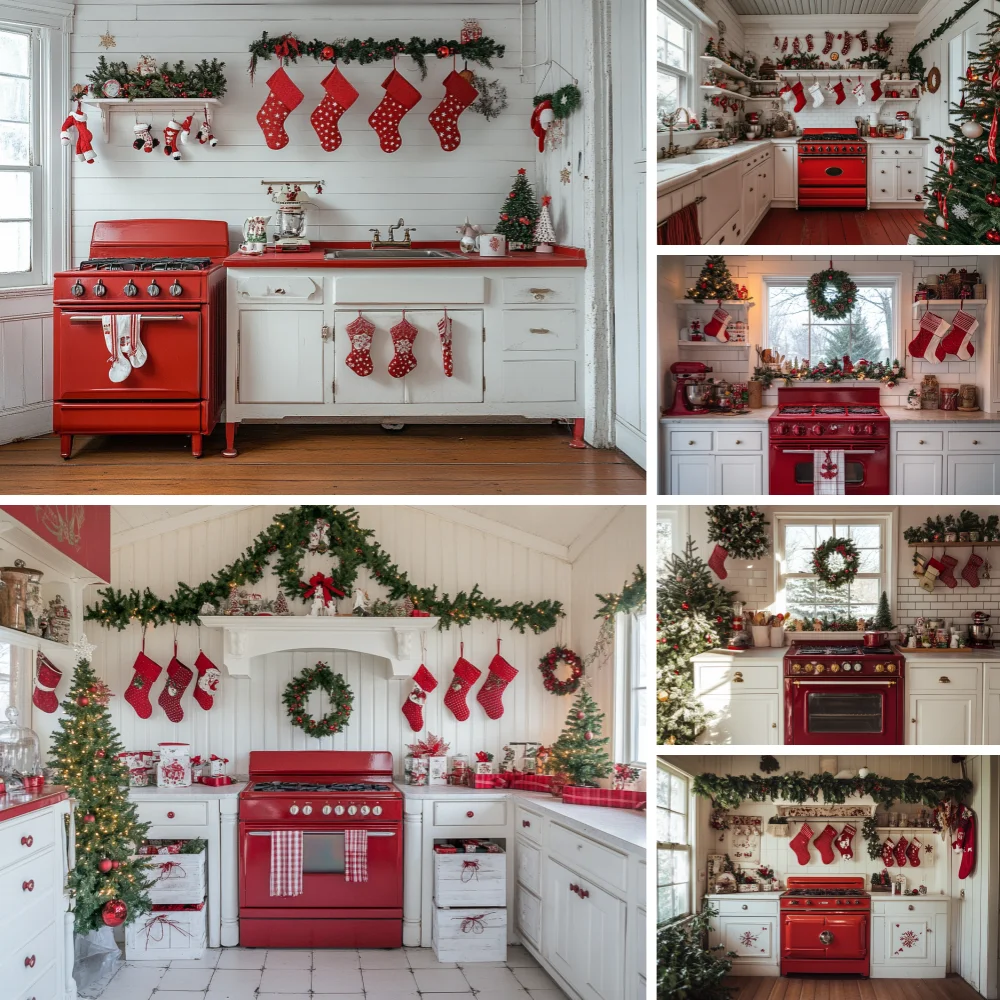 

Photography Background Christmas Kitchen White Cabinet Window Kids Family Holiday Portrait Decor Backdrop Photo Studio
