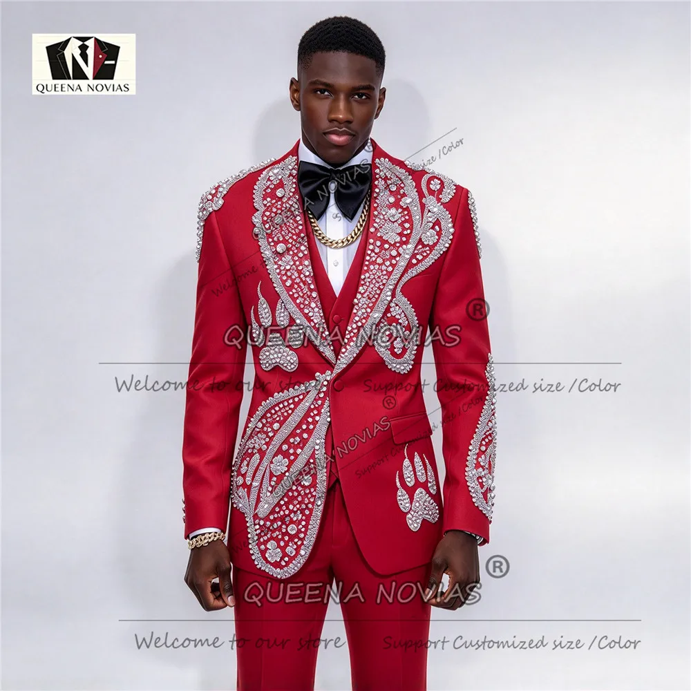 Exclusive Designer Suits Men For Wedding Sparkly Crystals Beading Groom Prom Tuxedo Suit Set Customized 2 Pieces Costumes Hommes