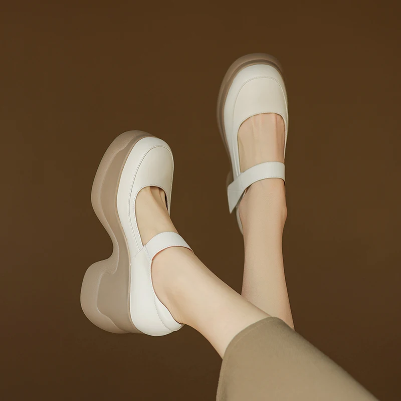 LIHUAMAO Cow Leather retro mary jane shoes women's chunky heel shoes footwear block heel thick outsole platform shoes pumps