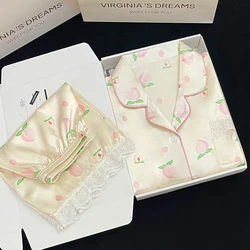 Korean Ins Style Kawaii Honey Peach Print Pajamas Women Sweet Summer Cool Short Female Sleepwear 2024 New Fashion Housewear Y2k