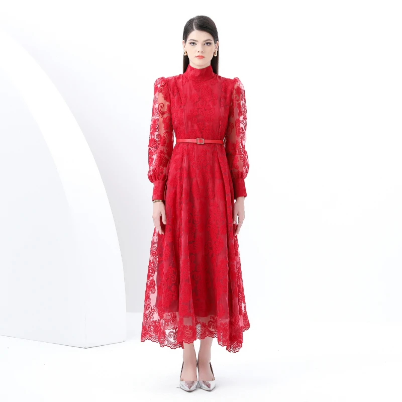 الربيع الصيف النساء خمر قصر نمط شبكة التطريز زهرة الوقوف طوق طويل ماكسي فساتين الحفلات المسائية مع حزام