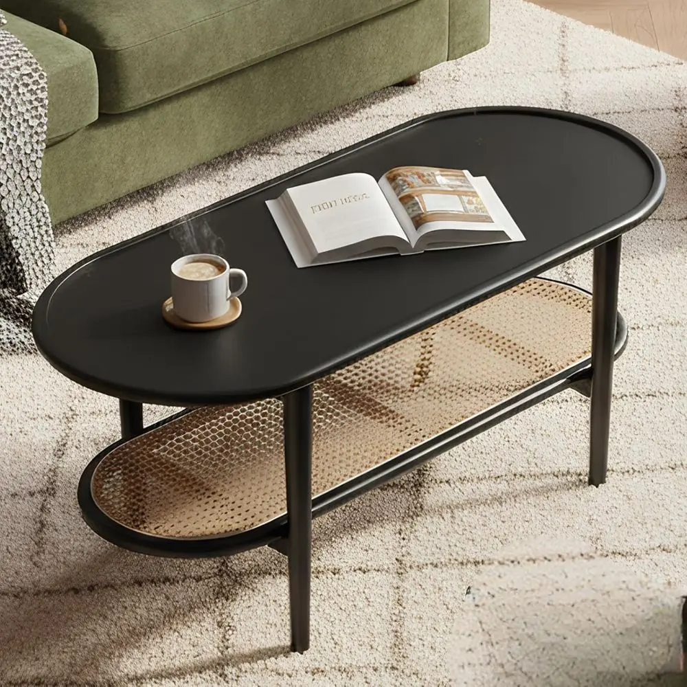 

ern Rattan Coee Table,Black Wood Coee Table with Storage Shel or Living Room, 2-Tier Center Table 39.5 Oval Entryway Table Side