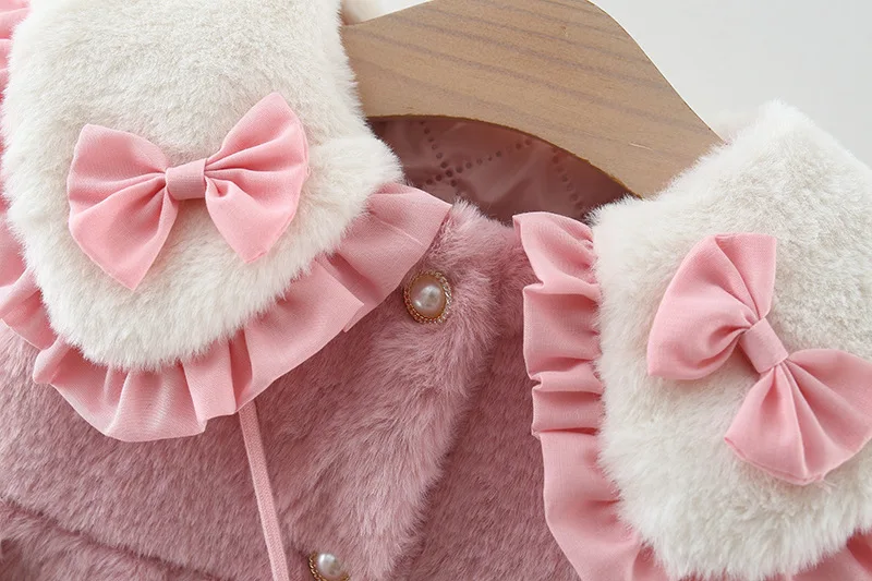 2 Teile/satz Entzückende Winter Kinder Pelzigen Kleidung Süße Bogen Weiche Warme Mantel 0-3 Jahre Altes Kind mantel + Tasche Kinder Neue Jahr Tragen – Detail 6