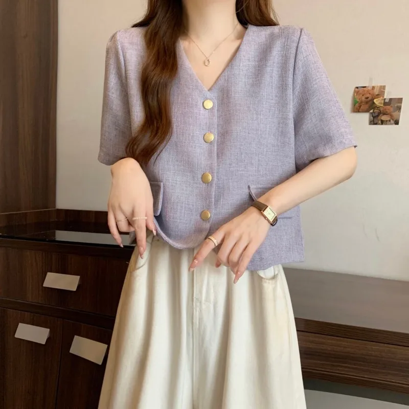 

Women's Purple V-Neck Tweed Blouse Elegant Cropped Short Sleeve Top