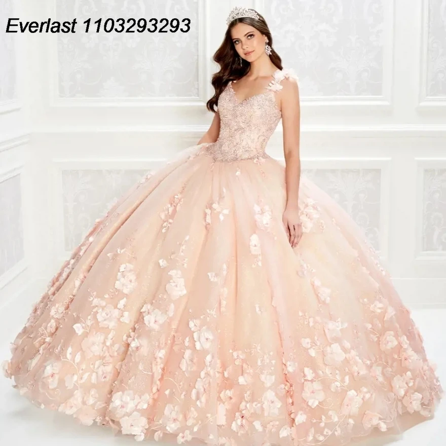 EVLAST-Vestido de baile Quinceanera amarelo com capa, Applique 3D Flower Lace, Beading, México Sweet 16, TQD194, 15