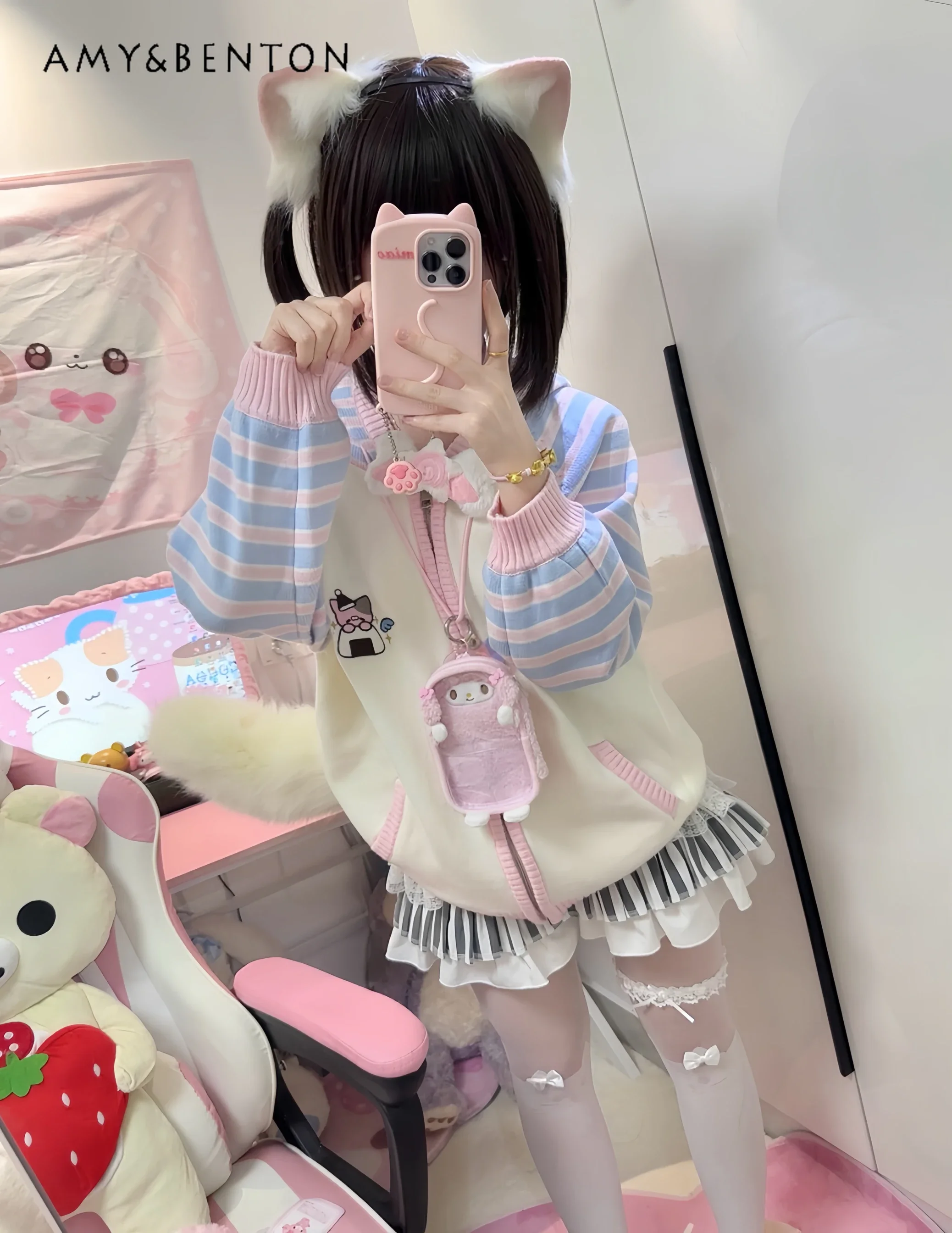 Japanese Cute Cartoon Embroidered Hooded Knitted Cardigan Women Autumn Winter New Sweet Kawaii Striped Zipper Oversized Cardigan